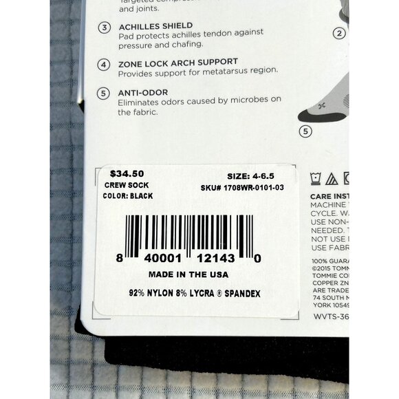 Tommy Copper Recovery Black Crew Socks, Copper infused, Anti-odor, Arch support - Picture 3 of 3